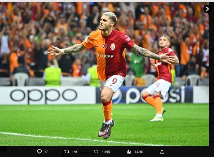 Mauro Icardi cetak gol penalti yang membantu Galatasaray lolos ke fase grup Liga Champions setelah kalahkan Molde pada leg kedua play-off di Istanbul (29/8/2023).