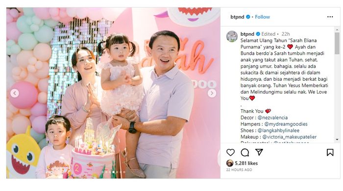Anak bungsu Ahok ulang tahun yang ke-2