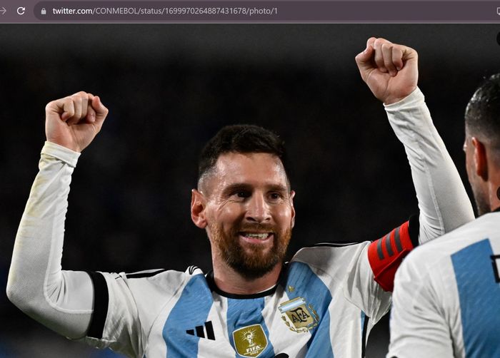 Lionel Messi merayakan gol untuk timnas Argentina ke gawang timnas Ekuador dalam Kualifikasi Piala Dunia 2026 zona CONMEBOL di Stadion El Monumental, Kamis (7/9/2023) waktu setempat.