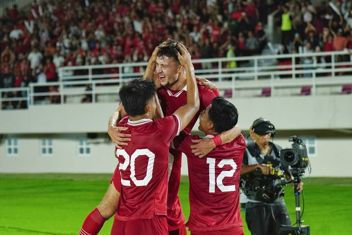 Selebrasi gol Ivar Jenner saag timnas U-23 Indonesia melawan Turkemenistan, di Stadion Manahan, Solo, Selasa (12/9/2023).
