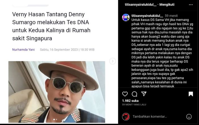 Verny Hasan terus tantang Denny Sumargo tes DNA ulang
