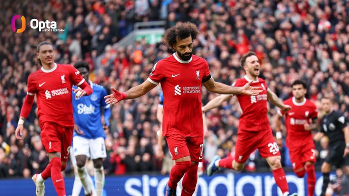 Winger Liverpool, Mohamed Salah, merayakan gol yang ia cetak ke gawang Liverpool pada laga pekan ke-9 Liga Inggris di Stadion Anfield, Sabtu (21/10/2023).