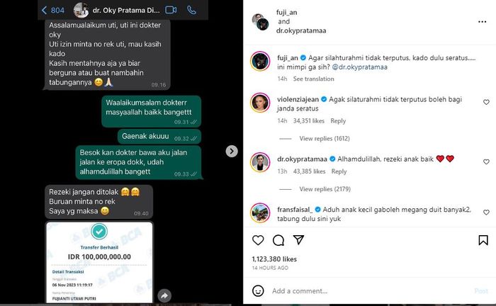 Fujianti Utami diberi Rp 100 juta