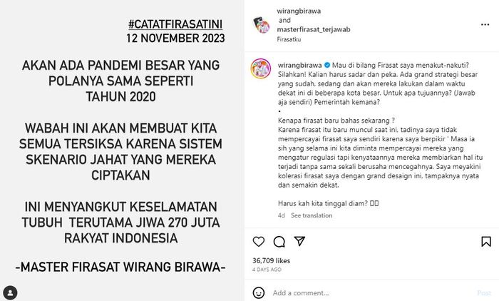 Wirang Birawa ungkap firasat mengerikan soal pandemi besar seperti Covid 19