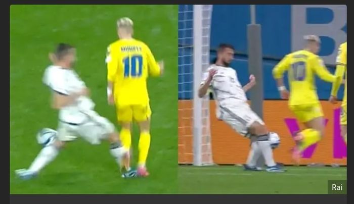 Momen Mykhailo Mudryk jatuh akibat kontak dengan Bryan Cristante, timnas Italia tidak dihukum penalti dalam laga kontra timnas Ukraina pada Kualifikasi Euro 2024 di Stadion BayArena, Leverkusen (20/11/2023).