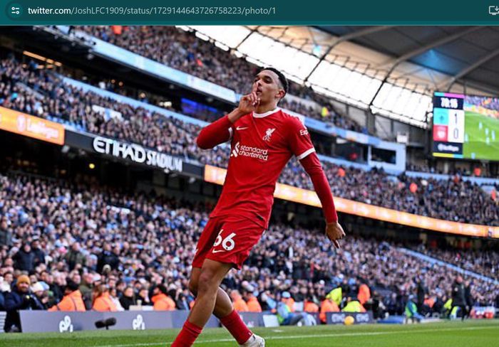 Bek Liverpool, Trent Alexander-Arnold, terancam sanksi dari komisi disiplin FA akibat selebrasi provokatifnya pada laga melawan Man City pada lanjutan Liga Inggris 2023-2024.