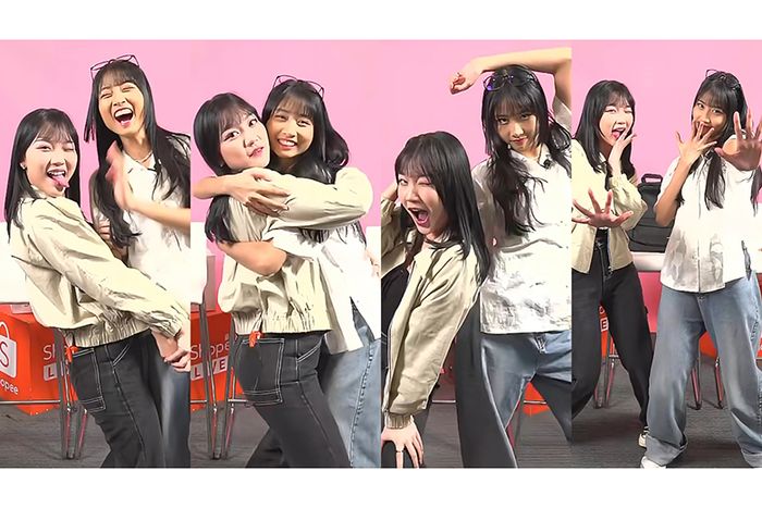 Pose challenge yang dilakukan Marsha dan Muthe JKT48 di tengah-tengah sesi live.