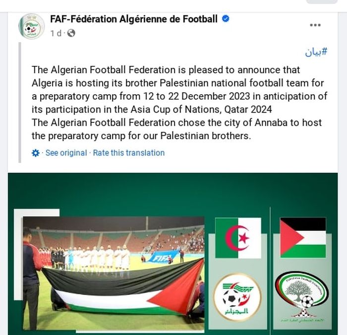 Federasi Aljazair siap menjadi markas sementara bagi timnas Palestina dalam persiapan mereka menuju Piala Asia 2023.