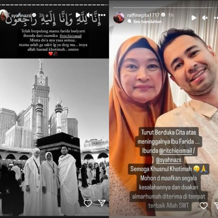 Kolase postingan Syahnaz dan Raffi Ahmad atas kabar duka kepergian ibunda Jeje Govinda