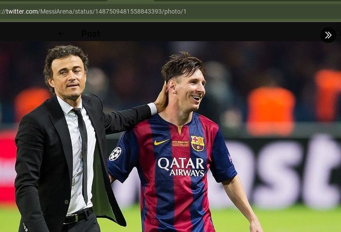 Luis Enrique (kiri) bersama Lionel Messi saat di Barcelona. Enrique akhirnya bisa juga juara tanpa Messi dengan membawa PSG kampiun Piala Super Prancis 2023 bersama Kylian Mbappe.
