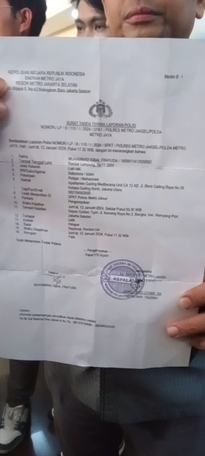 Laporan Iqbal teregitrasi dengan nomer perkara LP/B/119/I/2024/SPKT Polres Metro Jaksel pertanggal 12 Januari 2024.
