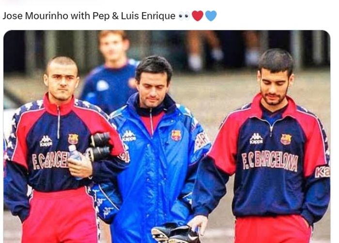 Momen lawas saat Jose Mourinho (tengah) diapit Luis Enrique (kiri) dan Pep Guardiola saat masih sama-sama di Barcelona. Usai dipecat AS Roma, Mourinho dihadapkan dengan skenario gila menggantikan Xavi di Barca.