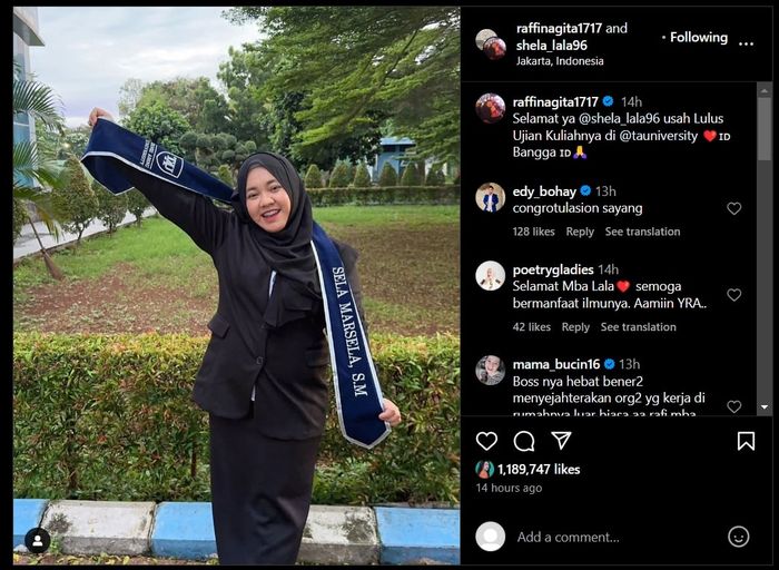 Unggahan Raffi Ahmad yang memperlihatkan Mbak Lala lulus kuliah