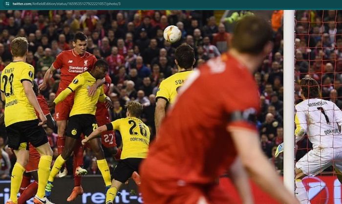 Gol telat Dejan Lovren yang membuat Liverpool menang 4-3 atas Borussia Dortmund pada laga perempat final Liga Europa 2015-2016.