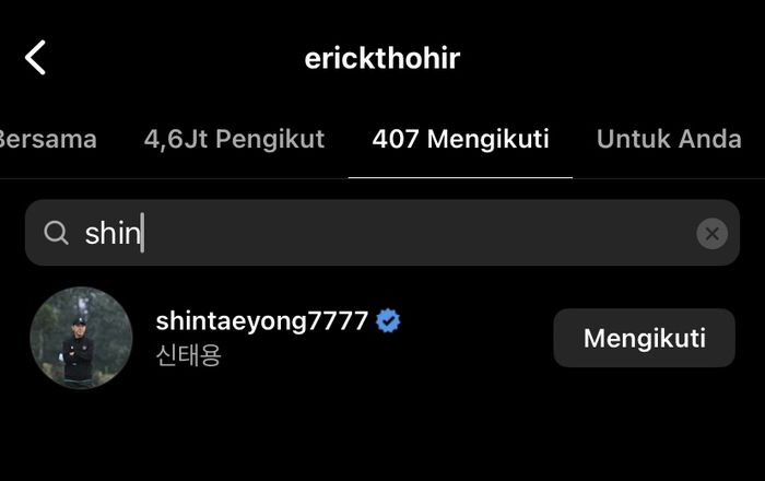 Erick Thohir mengikuti akun instagram Shin Tae-yong