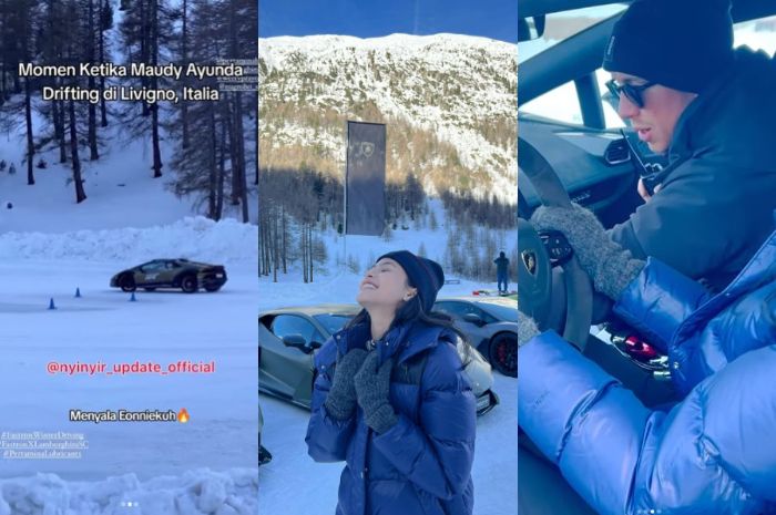 Potret Maudy Ayunda saat drifting di atas salju