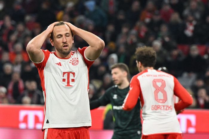 Reaksi lesu Harry Kane dalam laga Bayern Muenchen melawan Werder Bremen pada lanjutan Bundesliga (21/1/2024).