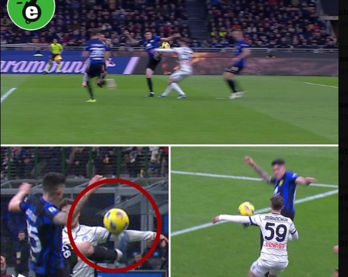 Momen handball Aleksei Miranchuk dalam laga Inter Milan vs Atalanta di Liga Italia (28/2/2024).