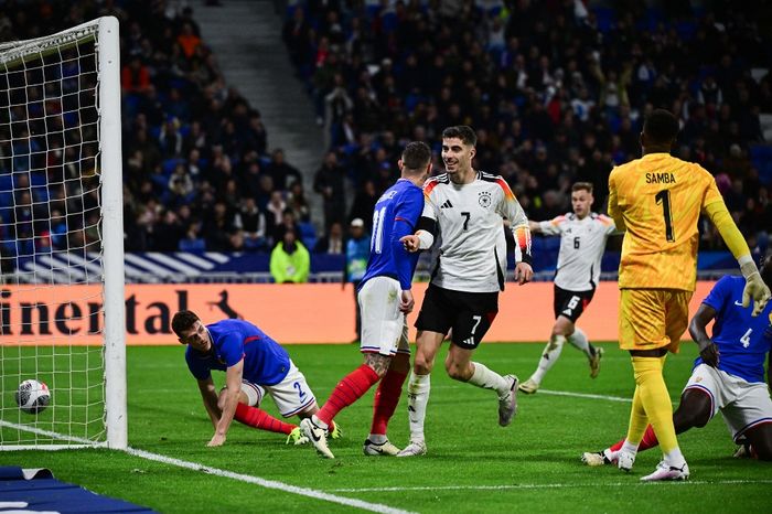 Momen Kai Havertz mencetak gol kedua Timnas Jerman ke gawang Timnas Prancis pada FIFA Matchday yang berlangsung di Stadion Groupama, Minggu (24/3/2024) dini hari WIB.