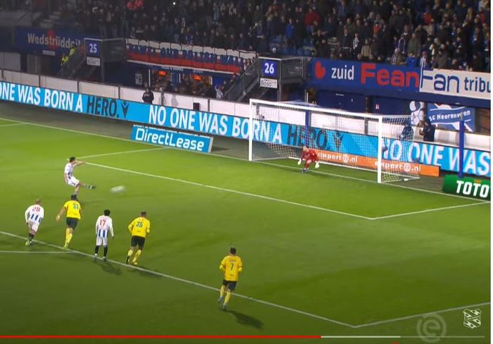 Thom Haye mengambil tendangan penalti sukses dalam laga Heerenveen lawan Fortuna Sittard di Liga Belanda 2023-2024.