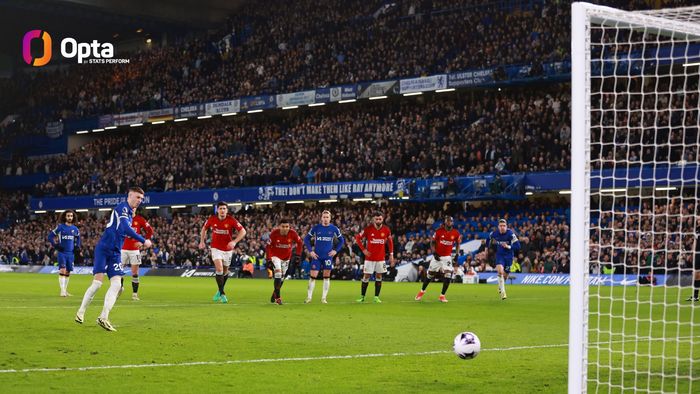 Gelandang Chelsea, Cole Palmer, mencetak gol ke gawang Manchester United pada matchweek 38 Liga Inggris 2023-2024 di Stadion Stamford Bridge, Kamis (4/4/2024).