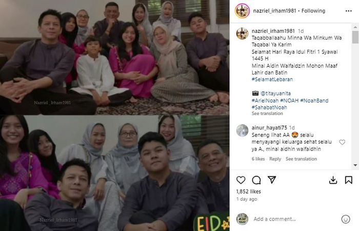 Potret Ariel NOAH merayakan Lebaran 2024 bersama keluarganya di Bandung.