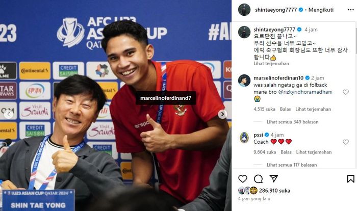 Gelandang Timnas U-23 Indonesia Marselino Ferdinan yang protes diunggahan Instagram pelatih Shin Tae-yong.