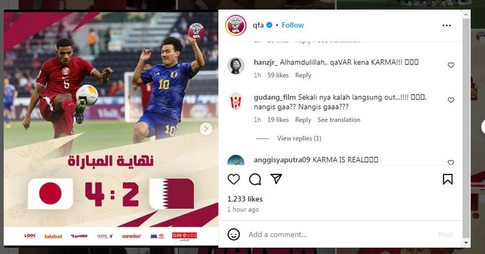 Komentar netizen Indonesia di kolom komentar postingan Instagram resmi Qatar (@qfa).