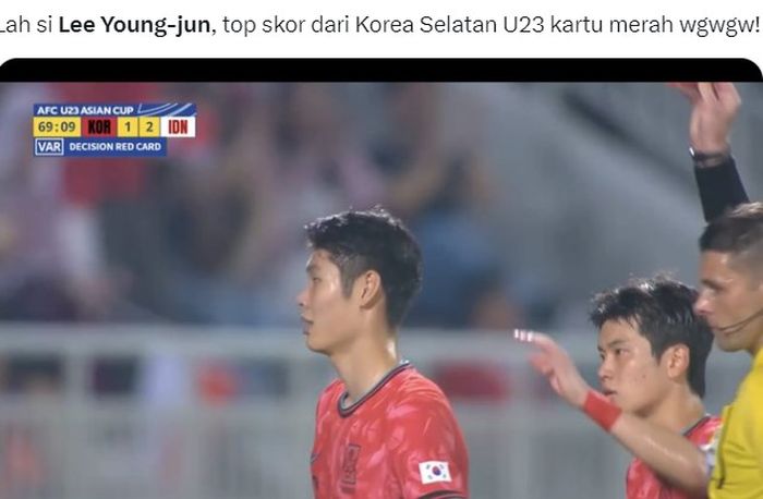 Penyerang timnas U-23 Korea Selatan, Lee Young-jun, dirujak netizen Indonesia gara-gara bertindak kasar terhadap Justin Hubner, pada perempat final Piala Asia U-23 2024.