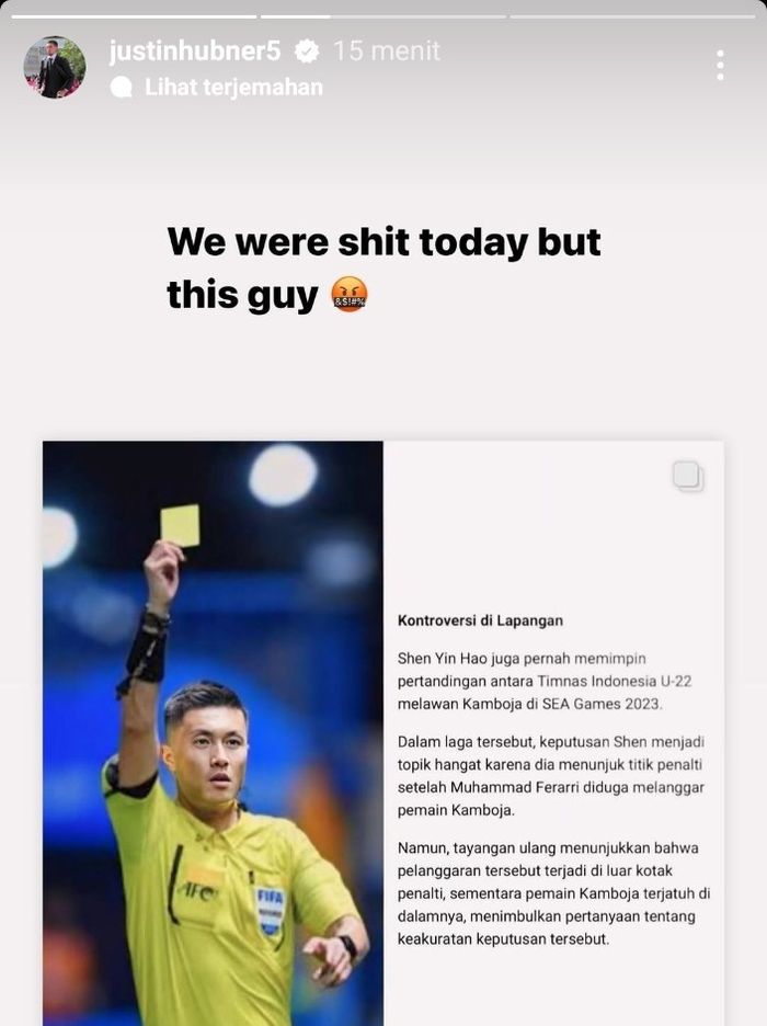 
Unggahan insta story Justin Hubner setelah laga atimnas U-23 Indonsia Vs Uzbekistan pada Senin (29/4/2024).