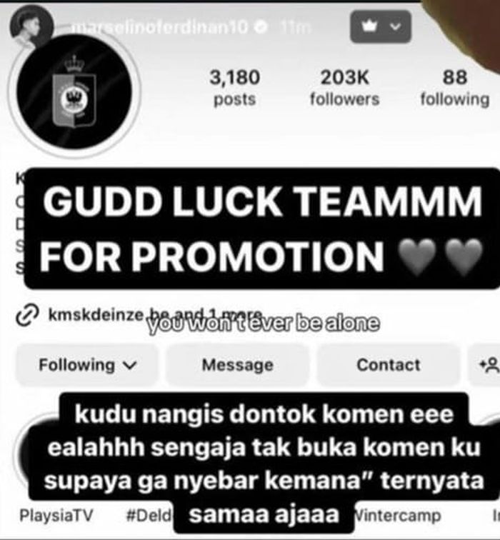 Unggahan Gelandang Timnas U-23 Indonesia Marselino Ferdinan yang mengaku ingin menangis karena komentar netizen Indonesia.