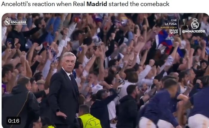 Reaksi Carlo Ancelotti saat JOselu mencetak gol bagi Real Madrid pada semifinal leg kedua Liga Champions 2023-2024.