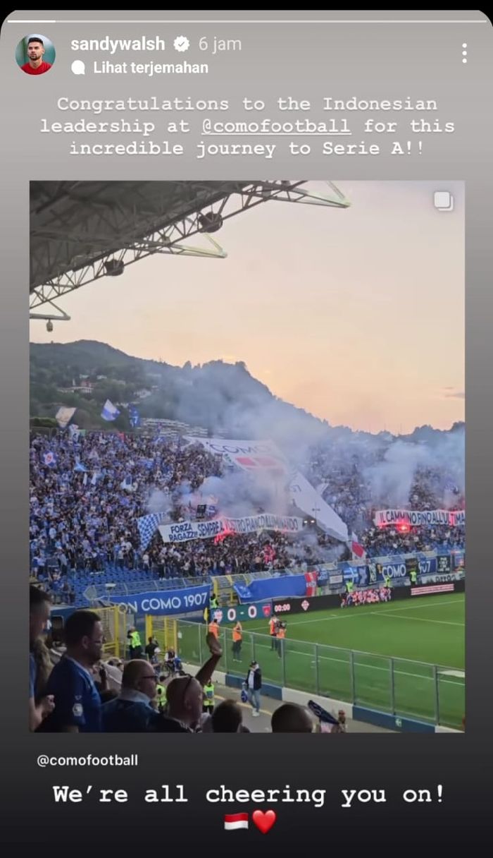 Instastory Sandy Walsh yang memberi ucapan selamat untuk Como 1907.