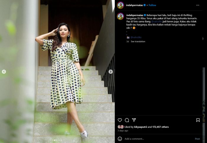 Unggahan Indah Permatasari saat mengenakan dress Rp35 ribu