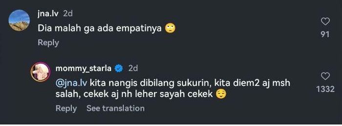 Tangkapan layar balasan komentar Inara Rusli