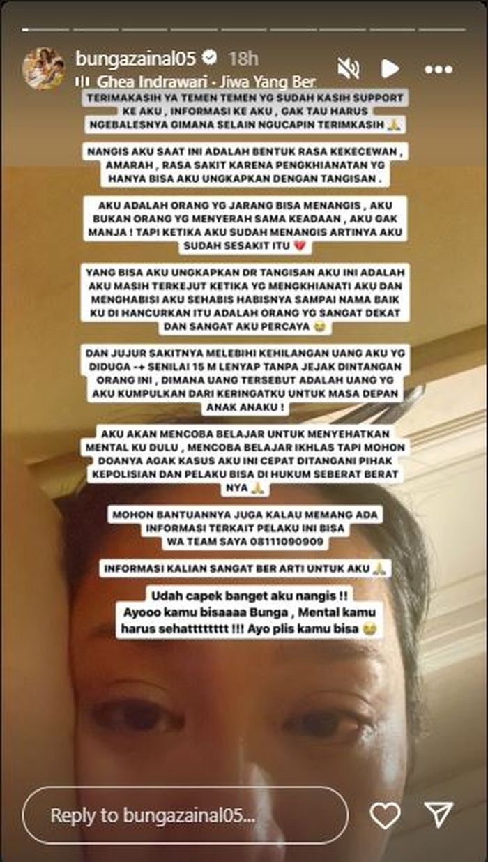Bunga Zainal nangis kejer usai duitnya ditilep orang terdekat