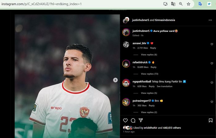 Unggahan Instagram Justin Hubner setelah laga timnas Indonesia Vs Australia pada Rabu (11/9/2024).