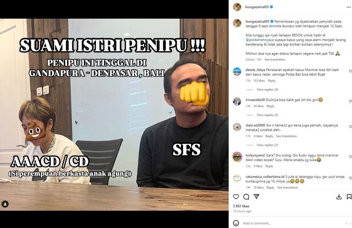 Bunga Zainal spill tampang pelaku penipuan yang bawa uang investasinya Rp15 miliar.