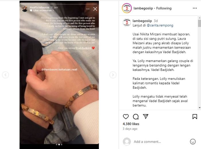 Lolly pamer pakai gelang couple dengan Vadel Badjideh.