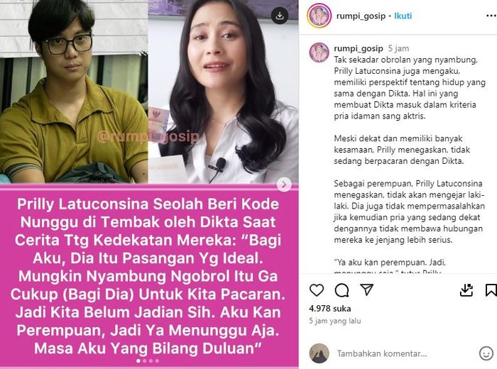Prilly Latuconsina lempar kode nunggu ditembak Dikta Wicaksono