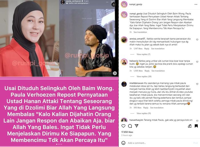 Unggahan Paula Verhoeven usai dituduh selingkuh oleh Baim Wong