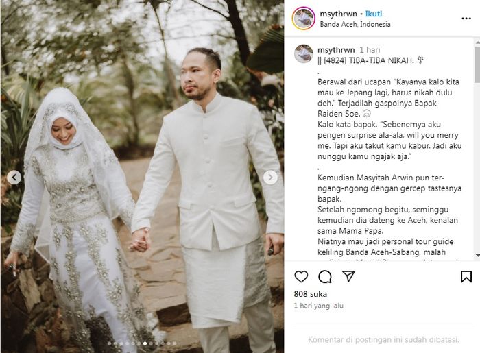Raiden Soedjono, mantan suami Tyas Mirasih resmi menikah dengan selebgram asal Aceh, Masyitah Arwin 2 bulan lalu.
