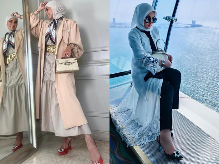 Potret Olla Ramlan dan Syahrini saat kenakan heels branded Amina Muaddi.