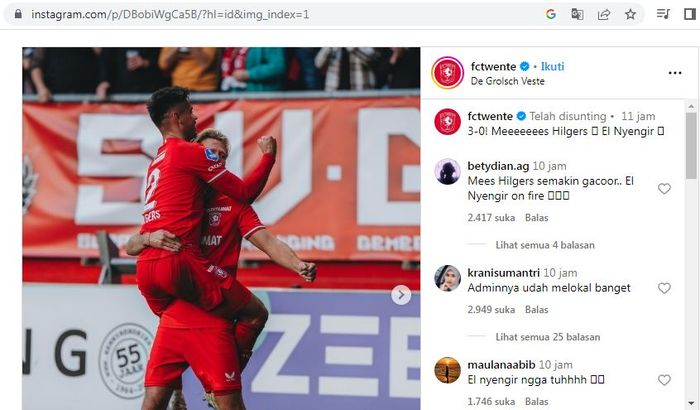 Netizen Indonesia mengomentari postingan FC Twente yang menampilkan grafis gol Mees Hilgers.