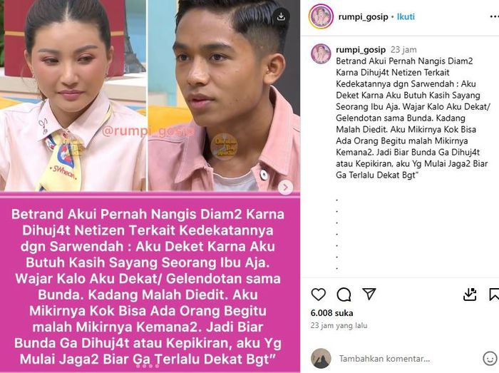 Betrand Peto bongkar alasan dekat dengan Sarwendah