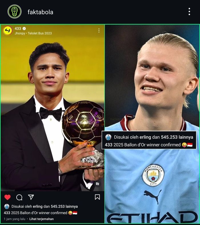 Erling Haaland tampak menyukai unggahan soal Marselino Ferdinan meraih Ballon d'Or 2025.