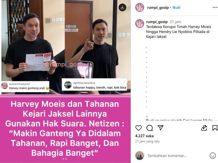 Penampilan Harvey Moeis saat nyoblos di Pilkada 2024 jadi sorotan