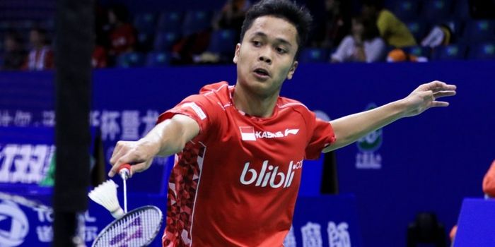 Pebulu tangkis tunggal putra Anthony Ginting saat bertanding melawan Sai Praneeth (India) pada laga 