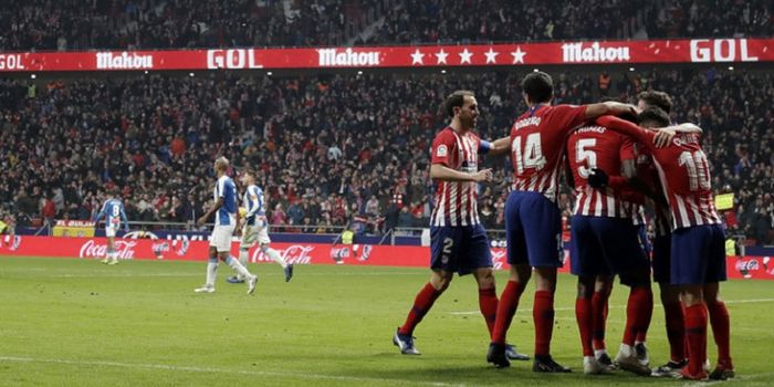 Antoine Griezmann merayakan gol pada laga Atletico Madrid vs Espanyol di Stadion Wanda Metropolitano.