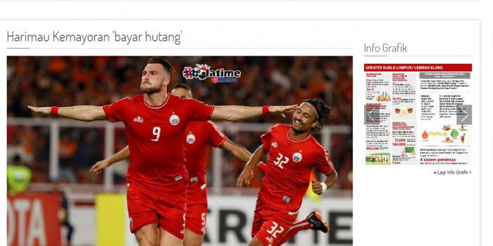  Pemberitaan media Malaysia soal kemenangan Persija Jakarta atas Johor Darul Takzim (JDT) dengan sko